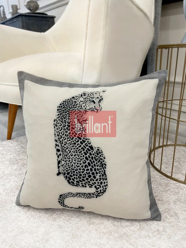 (ekru) Ekru-Gri Renk Aslan Desenli Dokuma Kumaş Kırlent Kılıfı 45x45 - 3