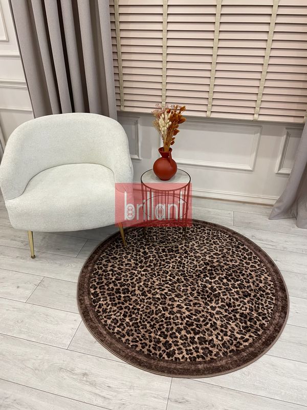 (kahverengi) Leopar Desenli Yuvarlak Lateks Deri Halı - 3