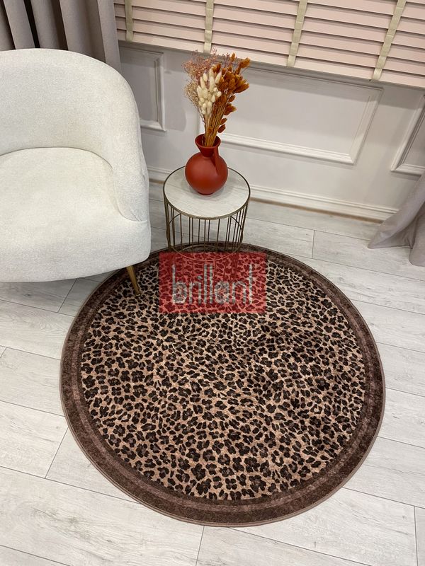 (kahverengi) Leopar Desenli Yuvarlak Lateks Deri Halı - 4