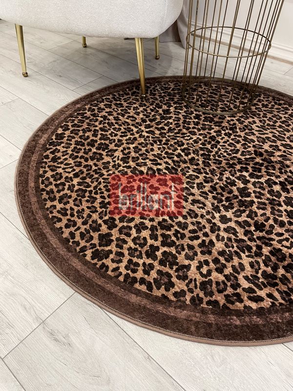 (kahverengi) Leopar Desenli Yuvarlak Lateks Deri Halı - 5