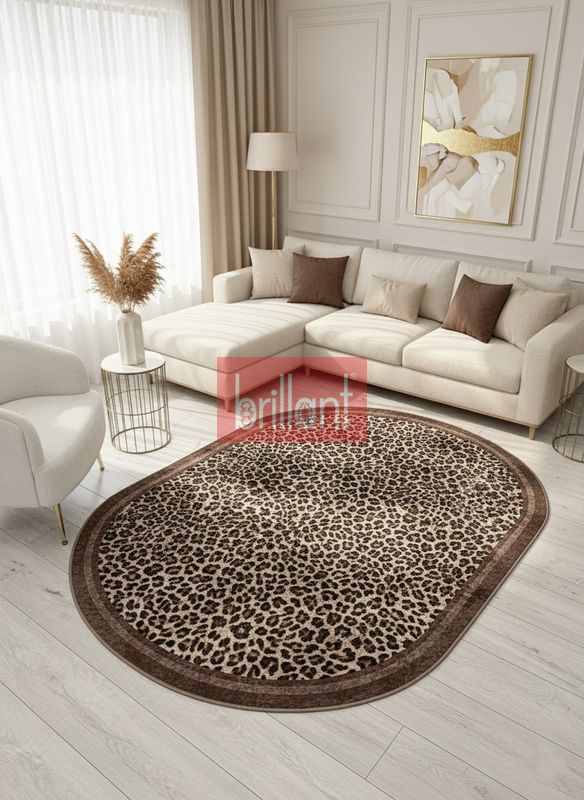 (kahve-oval) Leopar Desenli Oval Lateks Deri Halı - 1