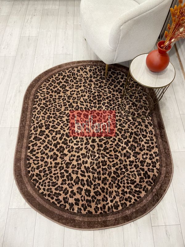 (kahve-oval) Leopar Desenli Oval Lateks Deri Halı - 2