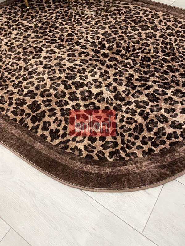 (kahve-oval) Leopar Desenli Oval Lateks Deri Halı - 4