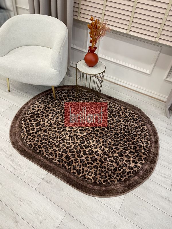 (kahve-oval) Leopar Desenli Oval Lateks Deri Halı - 6