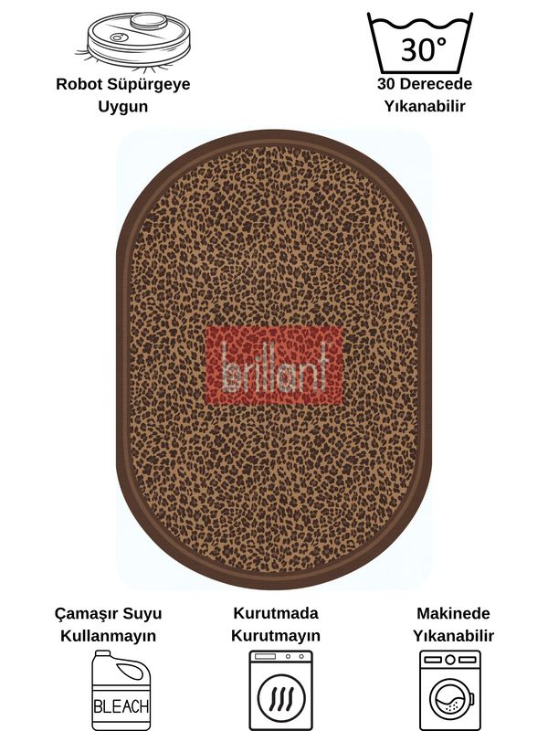 (kahve-oval) Leopar Desenli Oval Lateks Deri Halı - 8