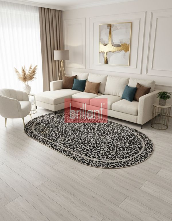 (bej-oval) Leopar Desenli Oval Lateks Deri Halı - 2