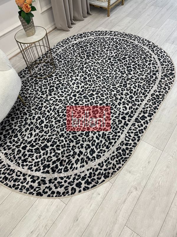 (bej-oval) Leopar Desenli Oval Lateks Deri Halı - 3