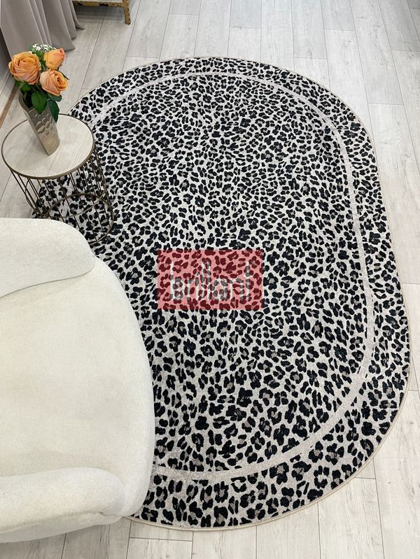 (bej-oval) Leopar Desenli Oval Lateks Deri Halı - 4