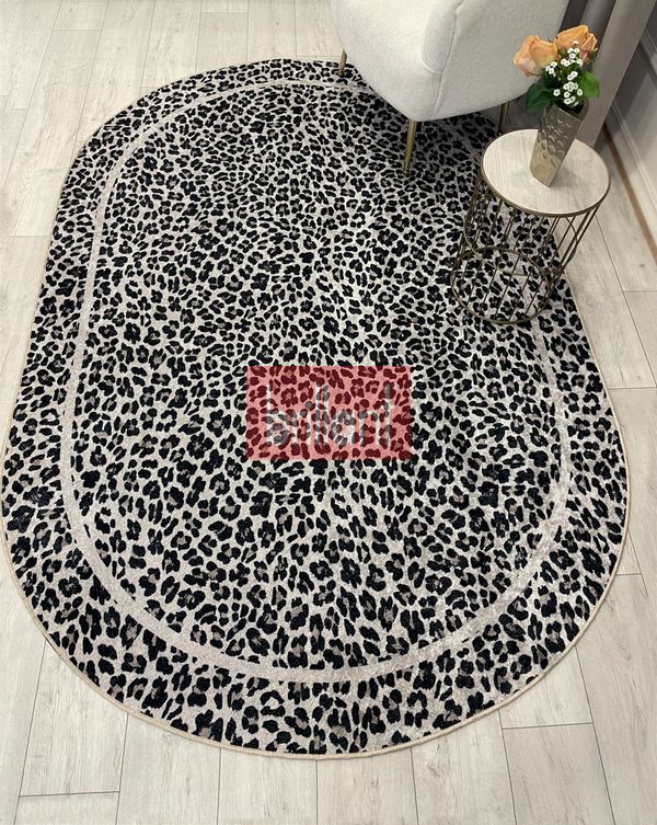 (bej-oval) Leopar Desenli Oval Lateks Deri Halı - 5