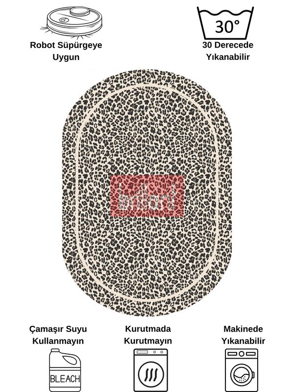 (bej-oval) Leopar Desenli Oval Lateks Deri Halı - 8