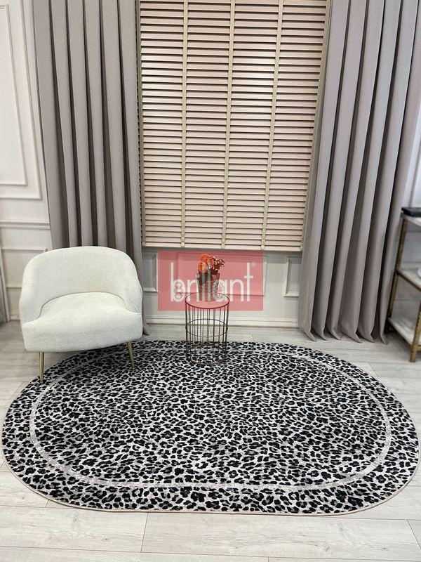 (bej-oval) Leopar Desenli Oval Lateks Deri Halı - 9