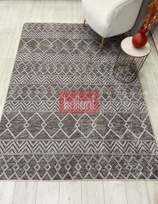 (kahverengi) Kahverengi İskandinav Tarzı Kilim Desenli Yolluk Lateks Halı - 6