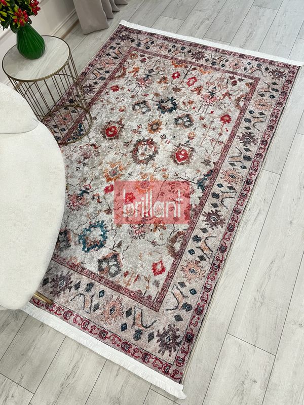 (bej) Bej RenkVintage Eskitme Görünümlü Lateks Taban Halı - 3