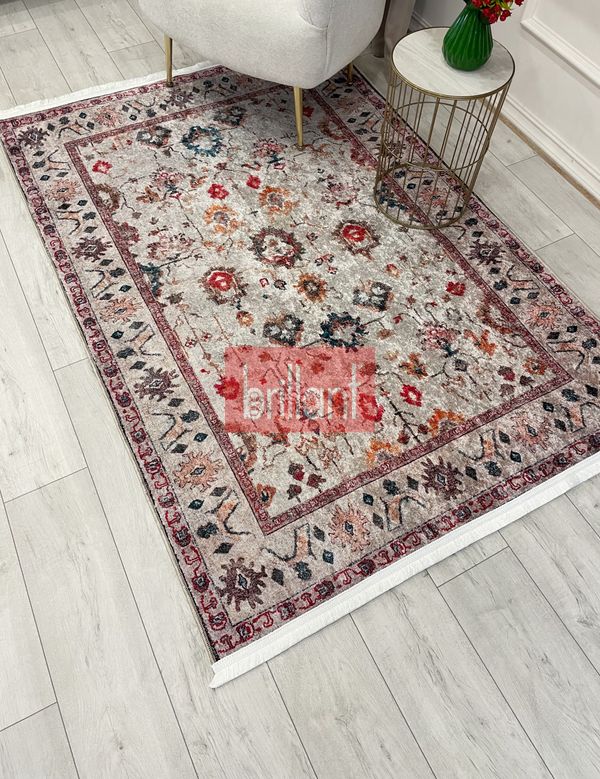 (bej) Bej RenkVintage Eskitme Görünümlü Lateks Taban Halı - 5