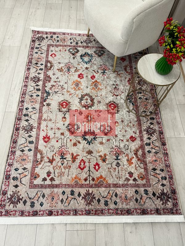 (bej) Bej RenkVintage Eskitme Görünümlü Lateks Taban Halı - 6