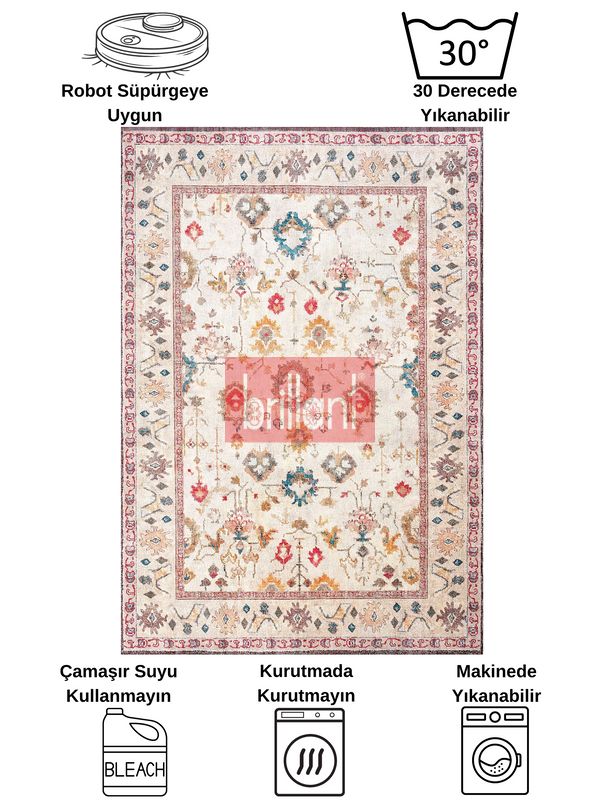 (bej) Bej RenkVintage Eskitme Görünümlü Lateks Taban Halı - 9