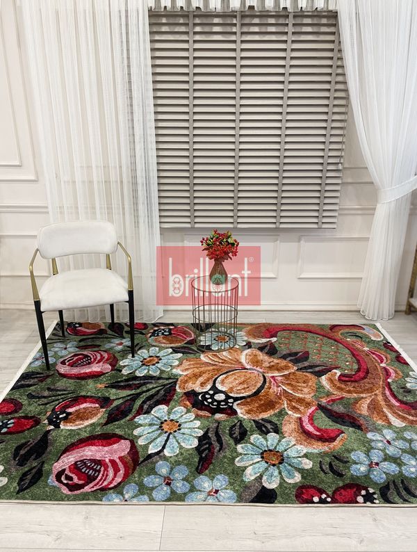 (yesil) Yeşil Çiçek Desenli Floral Lateks Taban Halı - 1