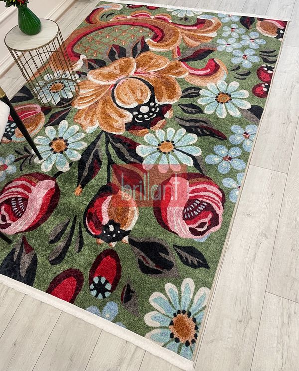 (yesil) Yeşil Çiçek Desenli Floral Lateks Taban Halı - 2