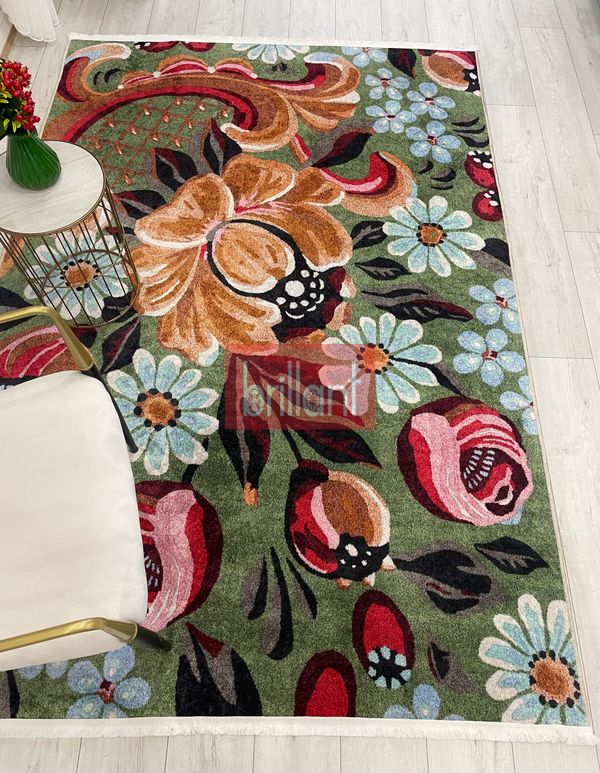 (yesil) Yeşil Çiçek Desenli Floral Lateks Taban Halı - 4