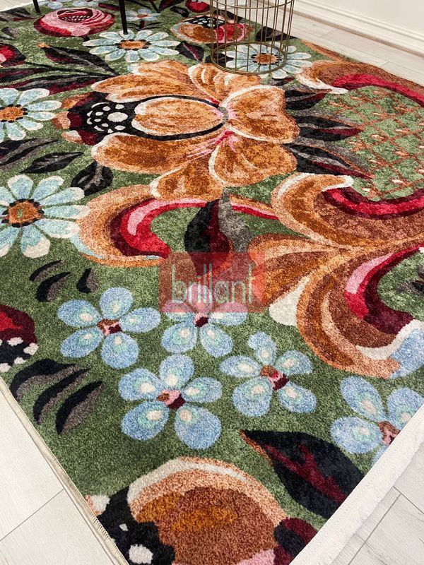 (yesil) Yeşil Çiçek Desenli Floral Lateks Taban Halı - 5