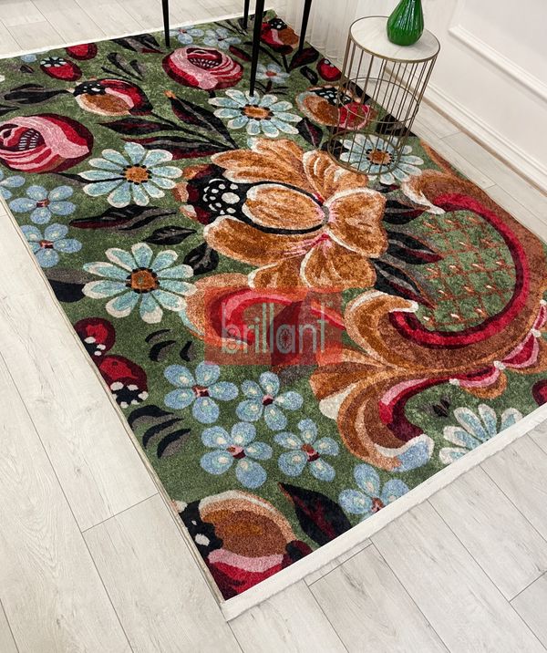 (yesil) Yeşil Çiçek Desenli Floral Lateks Taban Halı - 6