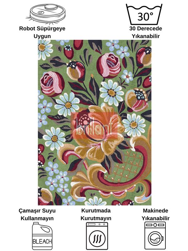 (yesil) Yeşil Çiçek Desenli Floral Lateks Taban Halı - 8
