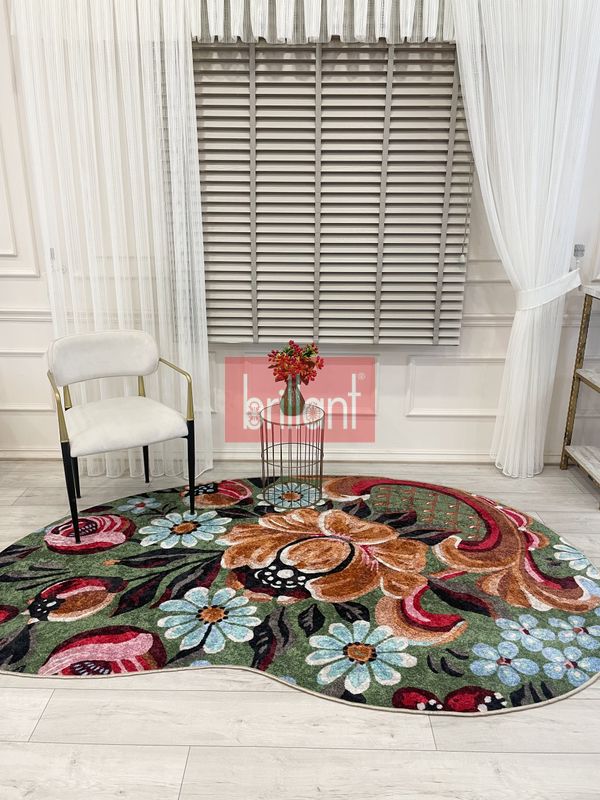 (cok-renkli) Yeşil Çiçek Desenli Floral Lateks Taban Oval Halı - 2