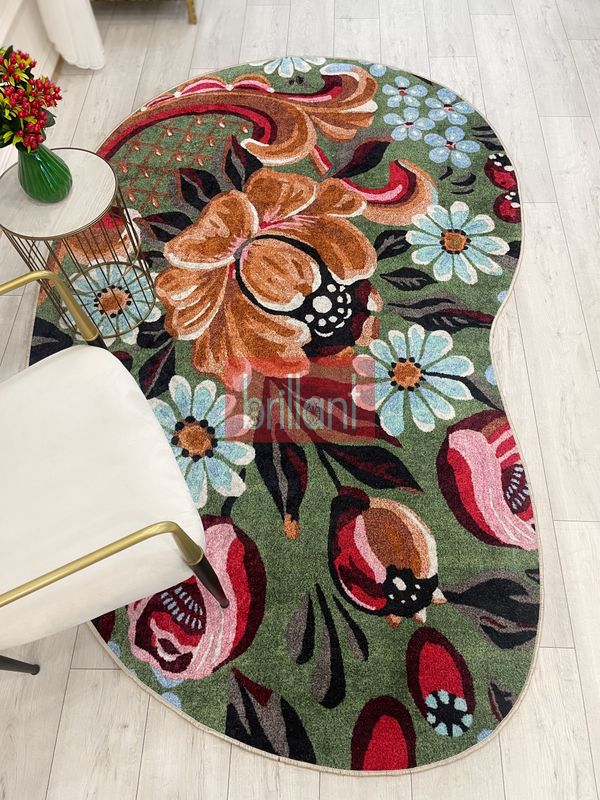 (cok-renkli) Yeşil Çiçek Desenli Floral Lateks Taban Oval Halı - 3