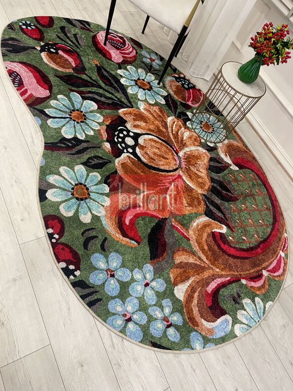 (cok-renkli) Yeşil Çiçek Desenli Floral Lateks Taban Oval Halı - 4
