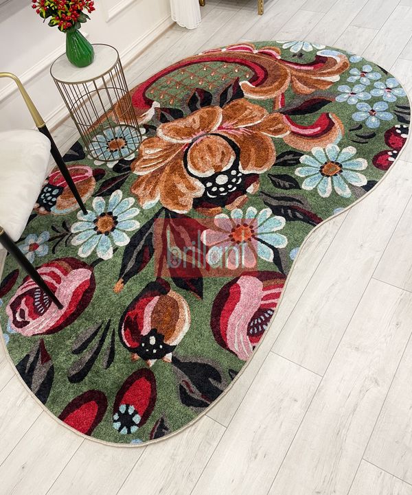 (cok-renkli) Yeşil Çiçek Desenli Floral Lateks Taban Oval Halı - 5