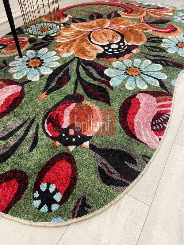 (cok-renkli) Yeşil Çiçek Desenli Floral Lateks Taban Oval Halı - 6