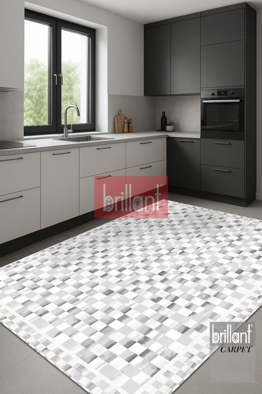 (gri) Gri Renk Mackenzie Stili Damalı Lateks Taban Yolluk Halı - 1