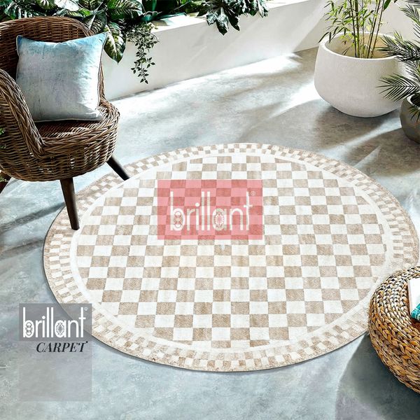 (bej-oval) Bej Renk Mackenzie Stili Damalı Lateks Taban Mutfak Halı - 1