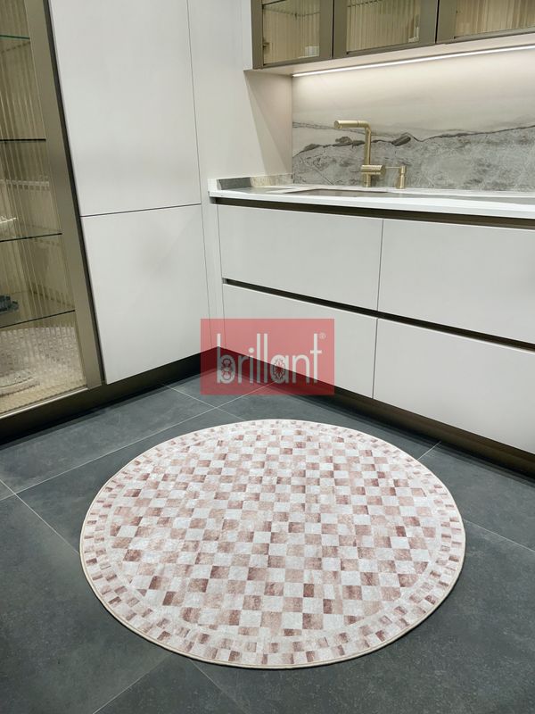 (bej-oval) Bej Renk Mackenzie Stili Damalı Lateks Taban Mutfak Halı - 2