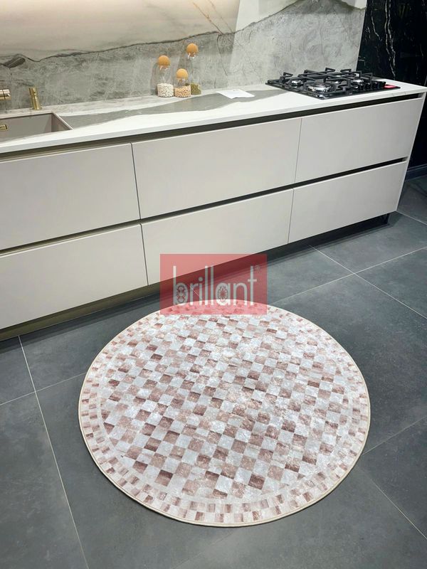 (bej-oval) Bej Renk Mackenzie Stili Damalı Lateks Taban Mutfak Halı - 3