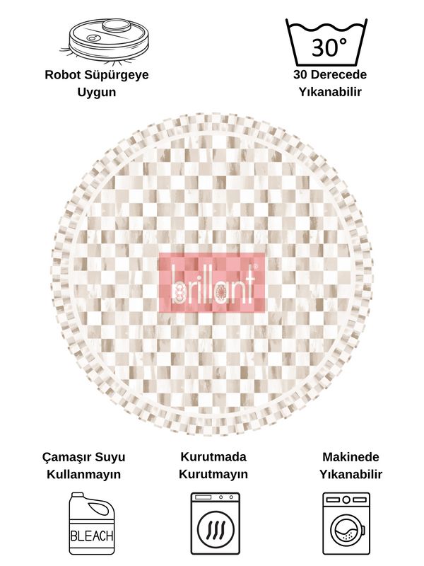 (bej-oval) Bej Renk Mackenzie Stili Damalı Lateks Taban Mutfak Halı - 6