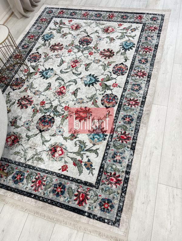 (bej) BEJ-GRİ  Geleneksel Eskitme Motifli SAÇAKLI Klasik Kaymaz Taban Halı - 3