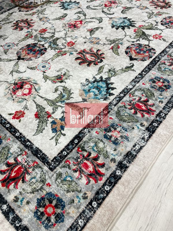 (bej) BEJ-GRİ  Geleneksel Eskitme Motifli SAÇAKLI Klasik Kaymaz Taban Halı - 4