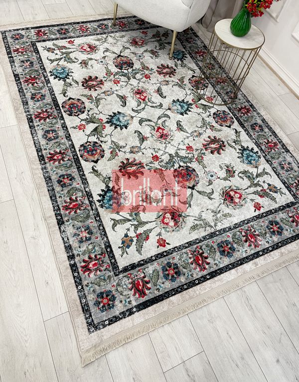 (bej) BEJ-GRİ  Geleneksel Eskitme Motifli SAÇAKLI Klasik Kaymaz Taban Halı - 5