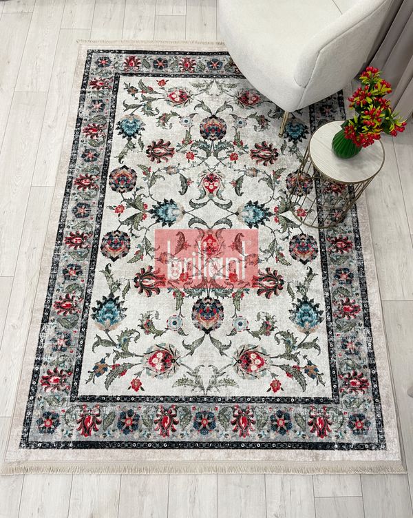 (bej) BEJ-GRİ  Geleneksel Eskitme Motifli SAÇAKLI Klasik Kaymaz Taban Halı - 6