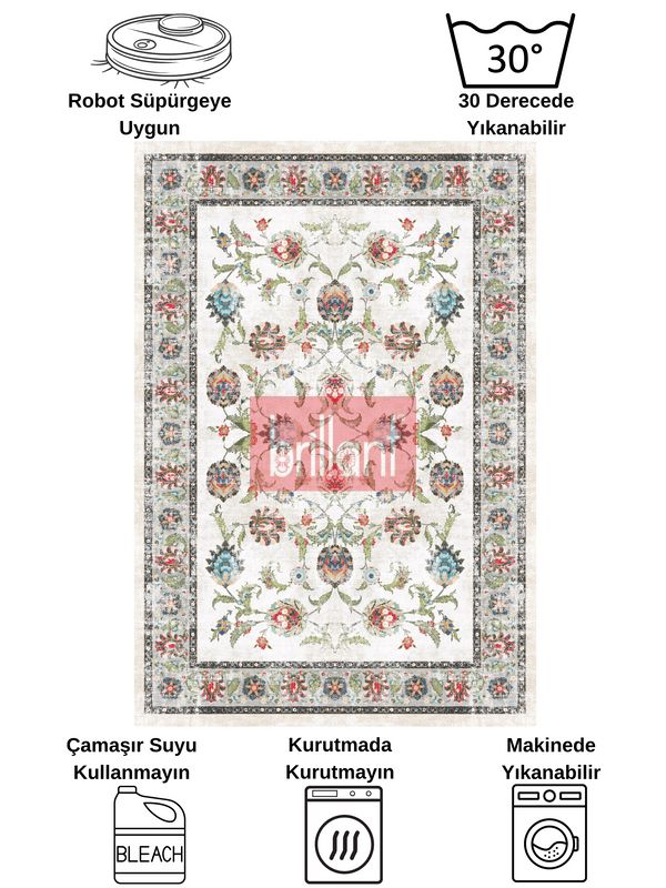 (bej) BEJ-GRİ  Geleneksel Eskitme Motifli SAÇAKLI Klasik Kaymaz Taban Halı - 8