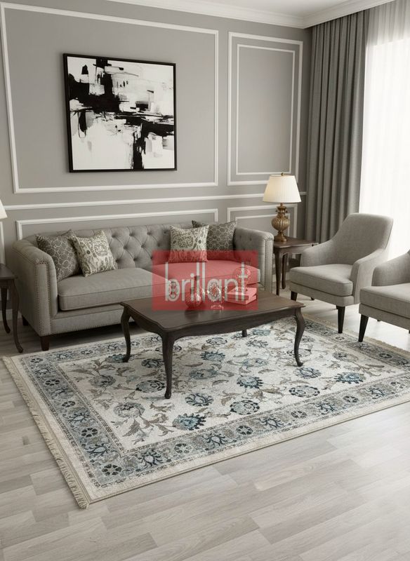 (cok-renkli) BEJ-MAVİ Geleneksel Eskitme Motifli SAÇAKLI Klasik Kaymaz Taban Halı - 2