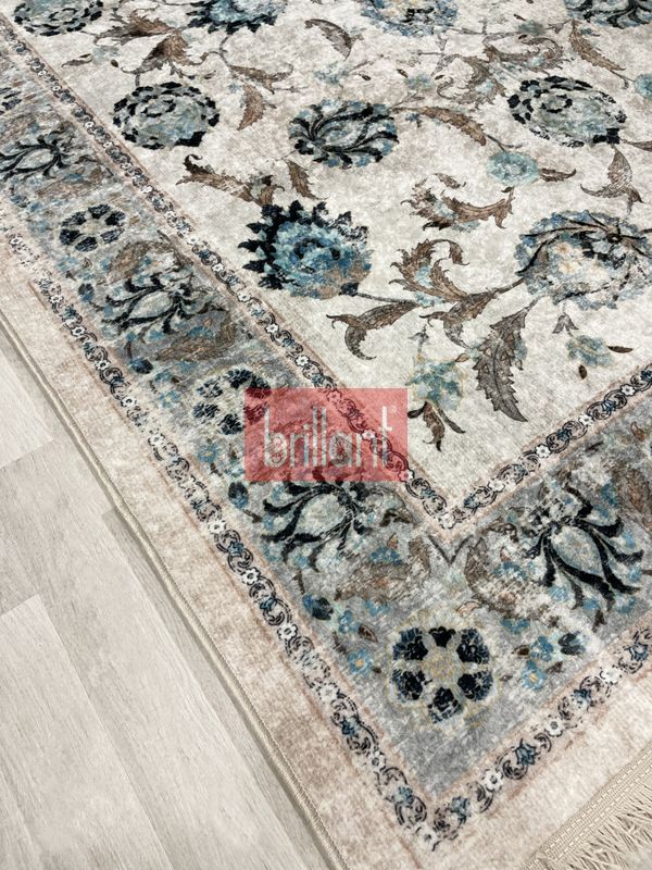 (cok-renkli) BEJ-MAVİ Geleneksel Eskitme Motifli SAÇAKLI Klasik Kaymaz Taban Halı - 5