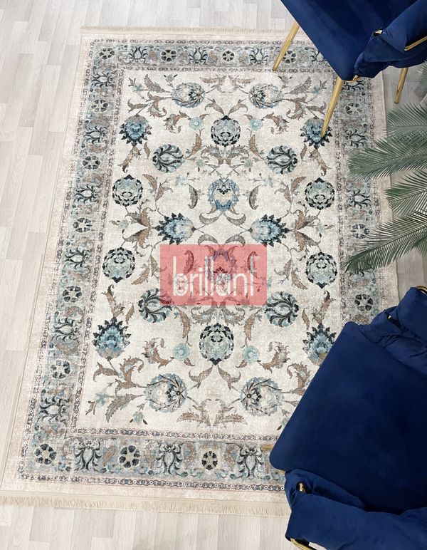 (cok-renkli) BEJ-MAVİ Geleneksel Eskitme Motifli SAÇAKLI Klasik Kaymaz Taban Halı - 6