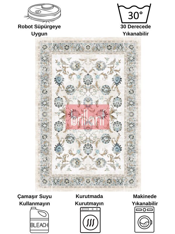 (cok-renkli) BEJ-MAVİ Geleneksel Eskitme Motifli SAÇAKLI Klasik Kaymaz Taban Halı - 8