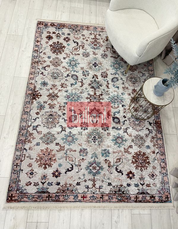 (bej) BEJ Renk Geleneksel Motifli SAÇAKLI Klasik Kaymaz Taban Halı - 2