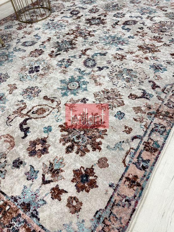 (bej) BEJ Renk Geleneksel Motifli SAÇAKLI Klasik Kaymaz Taban Halı - 3