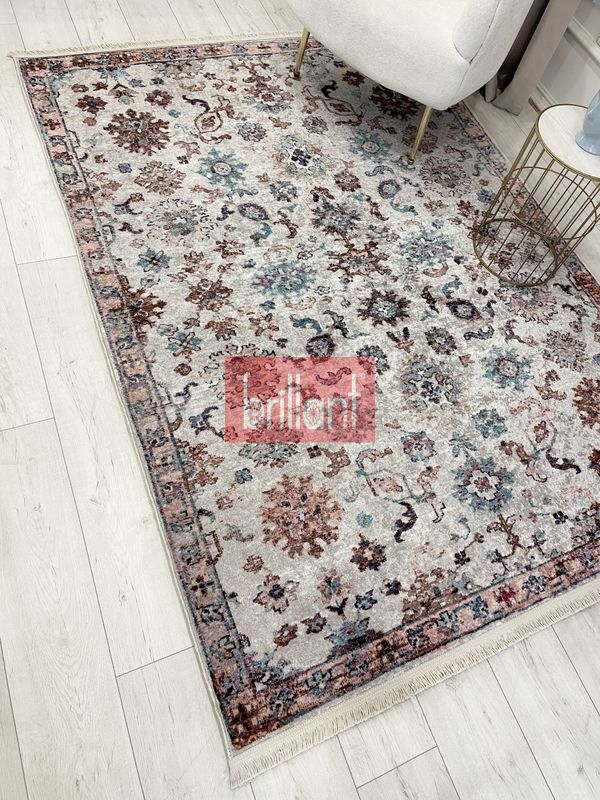 (bej) BEJ Renk Geleneksel Motifli SAÇAKLI Klasik Kaymaz Taban Halı - 4