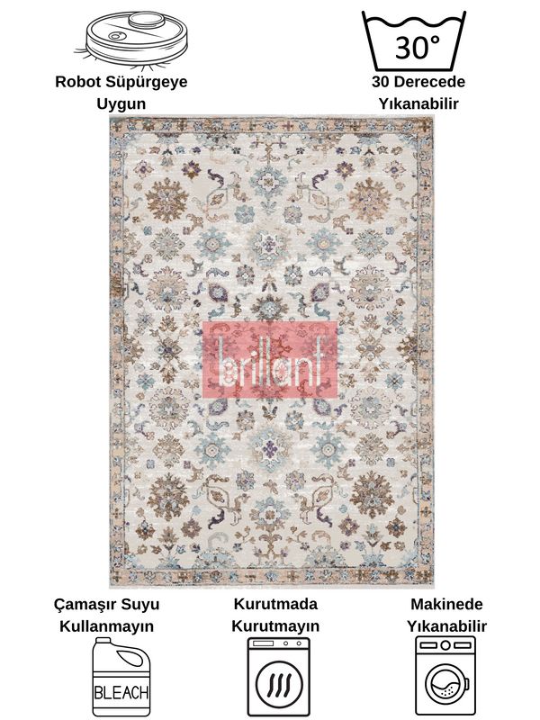 (bej) BEJ Renk Geleneksel Motifli SAÇAKLI Klasik Kaymaz Taban Halı - 6