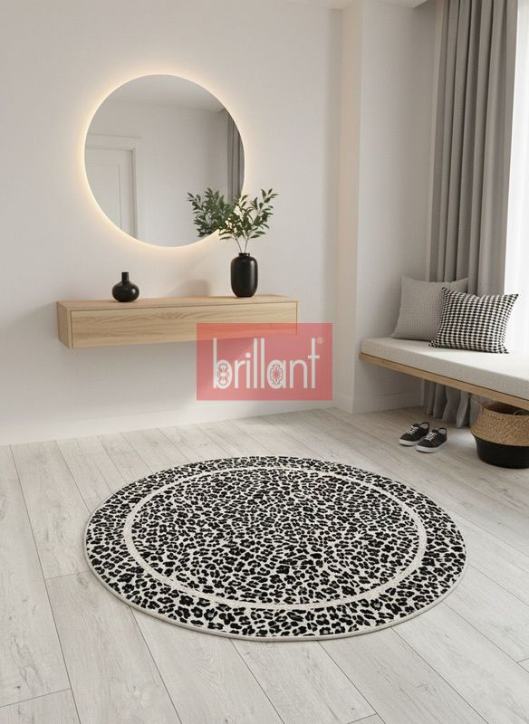 (bej) Leopar Desenli Yuvarlak Lateks Deri Halı - 1